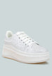White Jitter Bug Rhinestones embellished chunky flatform sneakers with lace-up design and closed round toe