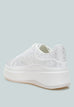 White Jitter Bug Rhinestones embellished chunky flatform sneakers with lace-up design and microfiber upper