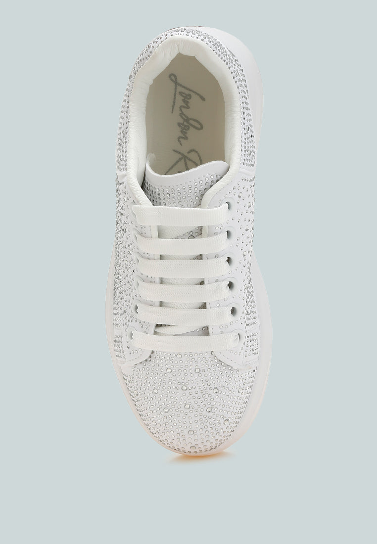 Top view of white Jitter Bug Rhinestones embellished chunky flatform sneaker with lace-up design