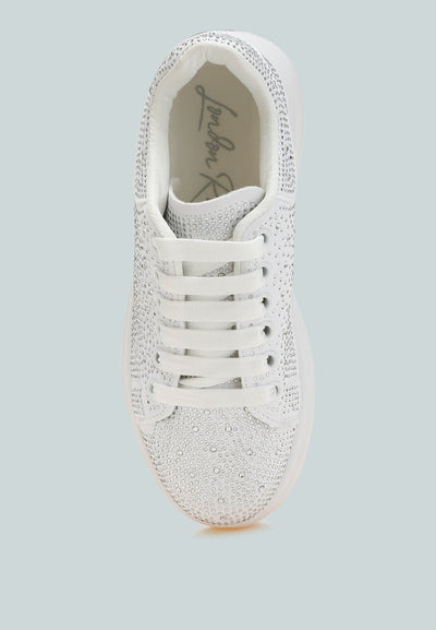 Top view of white Jitter Bug Rhinestones embellished chunky flatform sneaker with lace-up design