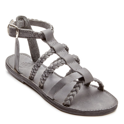 The Kaitlin Gladiator Leather Sandal in gray handcrafted with braided leather straps and upcycled tire sole