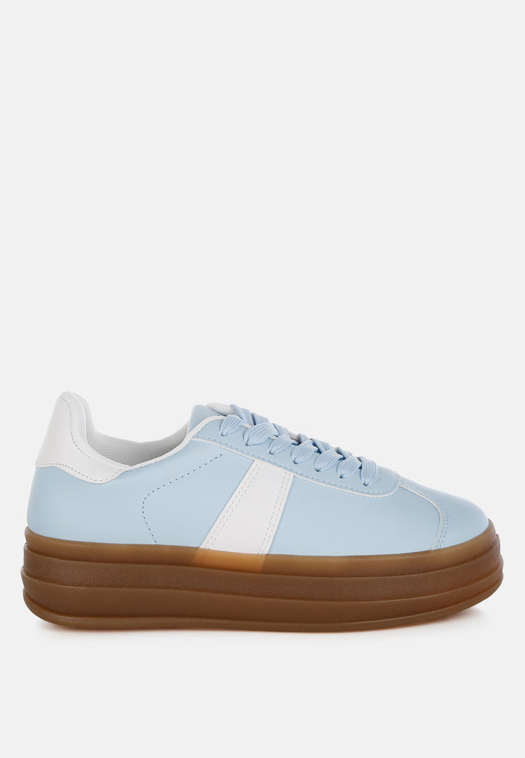 Light blue Knockout Faux Leather lace-up sneakers with chunky brown flatform sole and white accent detail