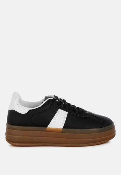 Black Knockout Faux Leather lace-up sneakers with white accent and chunky brown flatform sole