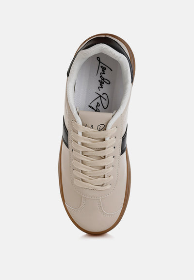 Knockout faux leather lace-up sneakers with chunky flatform heel and contrasting sole detail