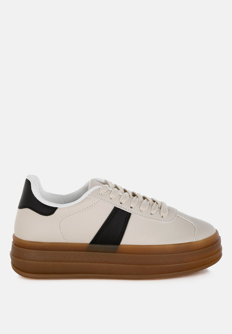 Knockout Faux Leather lace-up sneakers with chunky flatform sole and contrasting black stripe detail