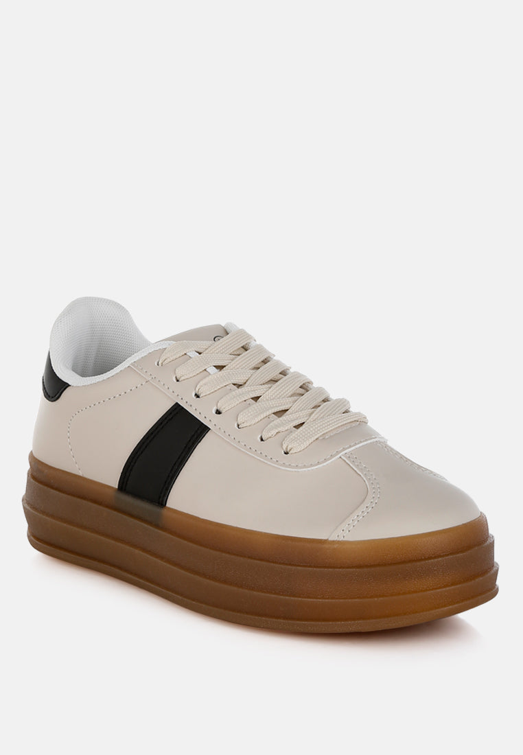 Knockout faux leather lace-up sneakers with chunky brown flatform sole and black side stripe