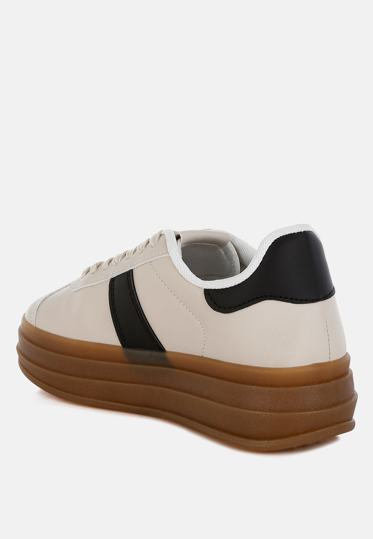 Knockout faux leather lace-up sneaker with chunky flatform heel and contrasting sole detail in beige and black.