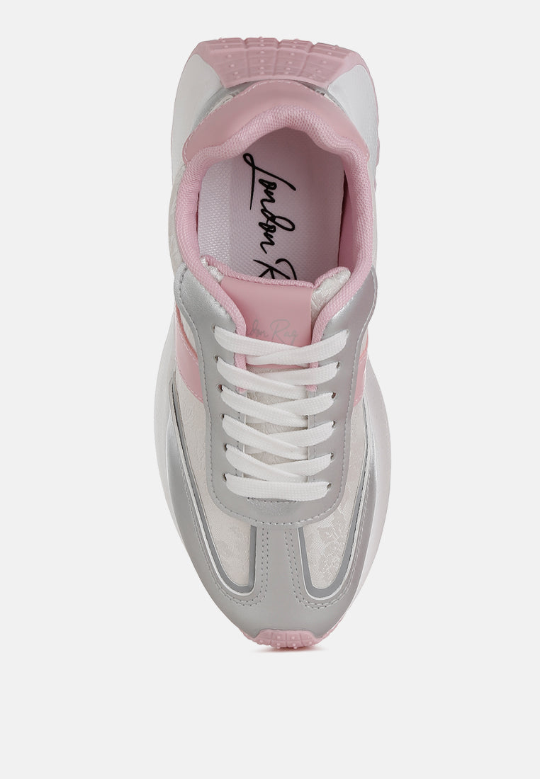 Top view of Koters Print Embroidery metallic faux leather sneakers with dual tone and lace-up design