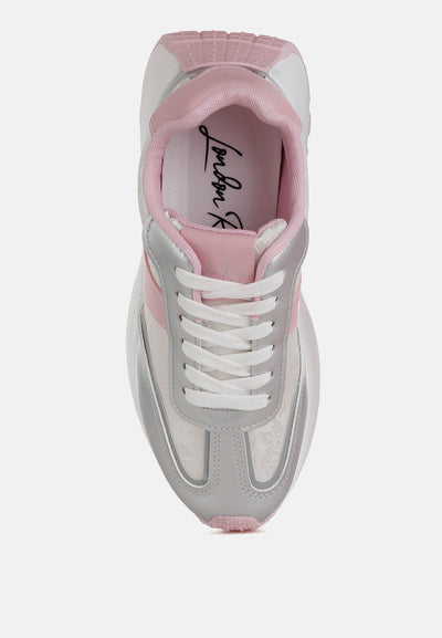Top view of Koters Print Embroidery metallic faux leather sneakers with dual tone and lace-up design