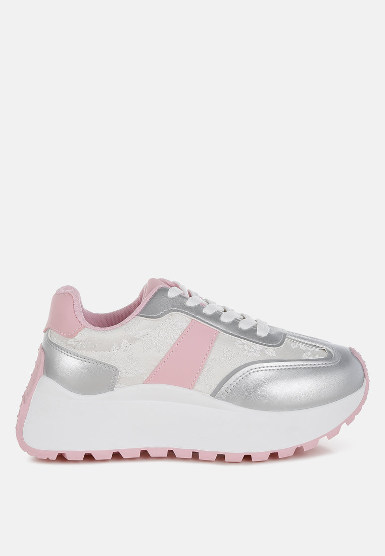 Koters Print Embroidery metallic faux leather sneakers with dual tone detail and flatform sole