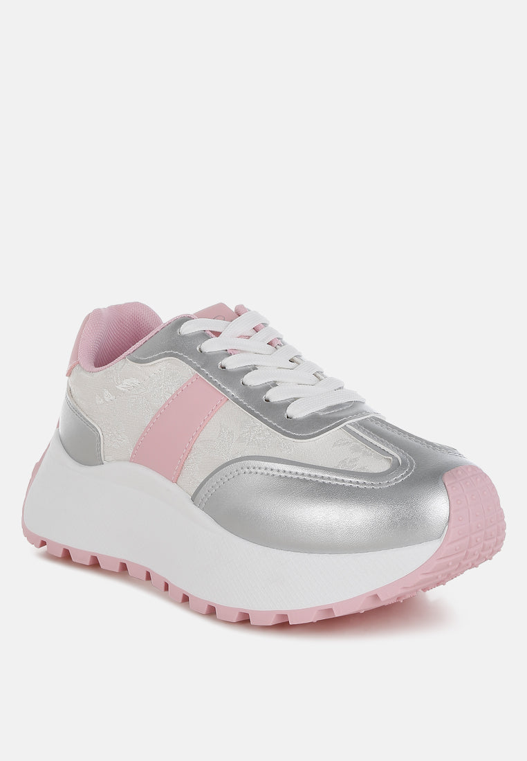 Koters Print Embroidery metallic faux leather sneakers with dual tone detail and flatform sole