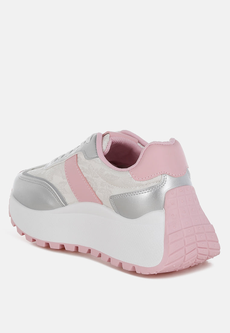 Metallic faux leather sneaker with Koters print embroidery and dual tone detail in pink and silver with flatform sole