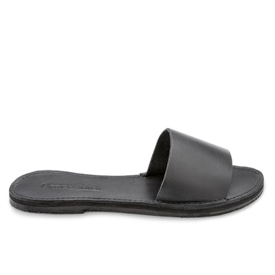 The Linda Leather Slide sandal in black leather with cushioned sole and simple slide design