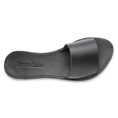 The Linda Leather Slide black handcrafted leather sandal with upcycled tire sole and cushy EVA foam mid-sole