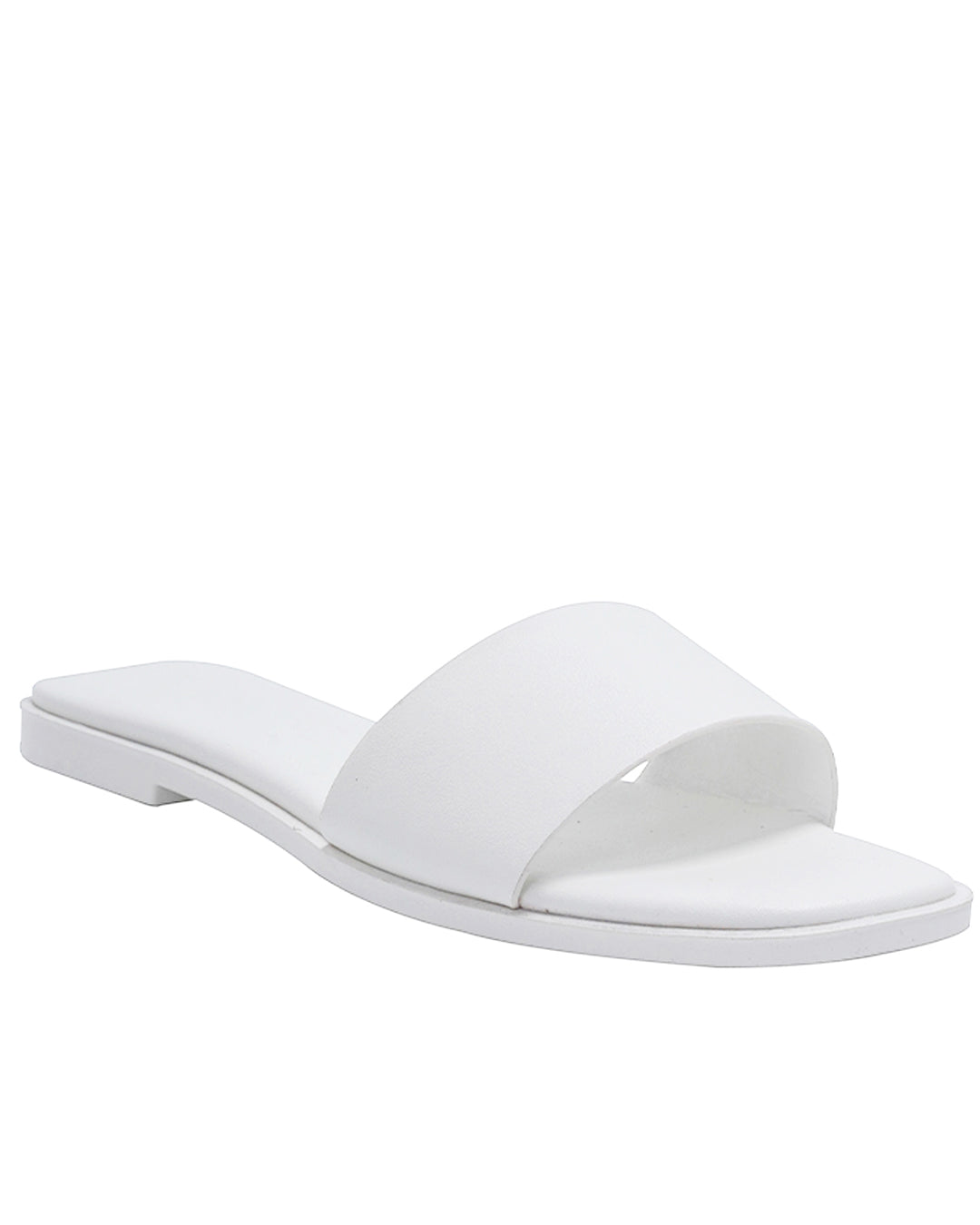 White Lucille flat sandal with wide single strap and memory foam padded insole