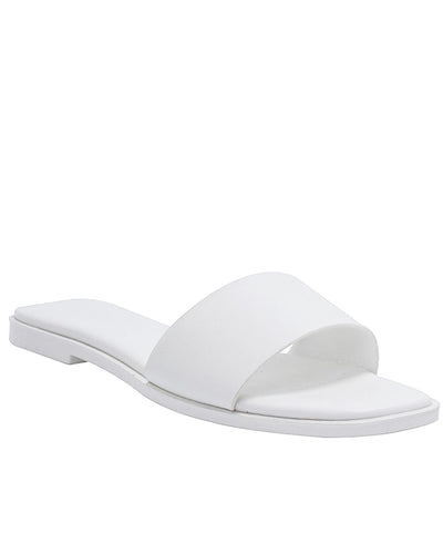 White Lucille flat sandal with wide single strap and memory foam padded insole