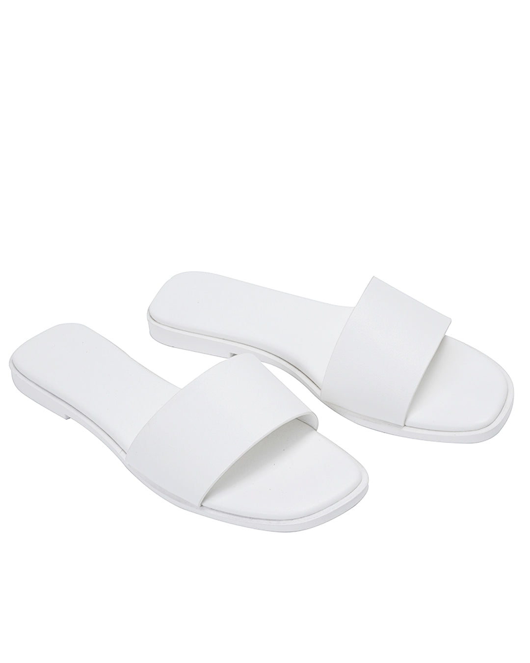 White Lucille flat sandal with wide single strap and memory foam padded insole