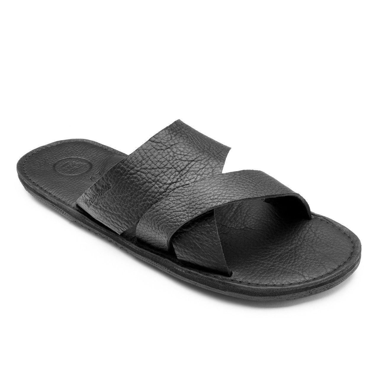 The Mateo Men's Leather Slide sandal handcrafted black leather with arch support and cushy foam sole