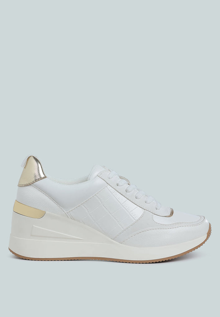 White Noltas Chunky Wedge Heel sneaker with croco embossment and metallic accents in faux leather