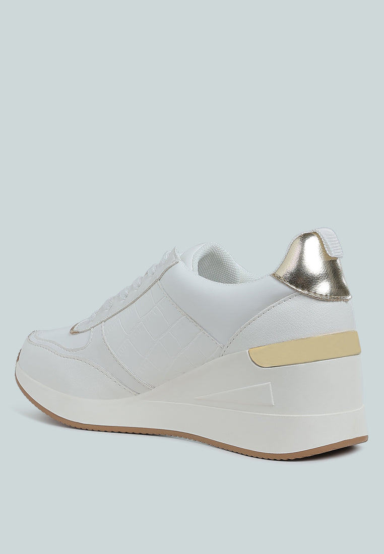 White Noltas chunky wedge heel sneaker with metallic accent and croco embossment detail