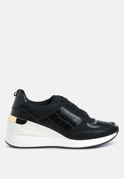 Black Noltas chunky wedge heel sneaker with croco embossed faux leather and metallic accent