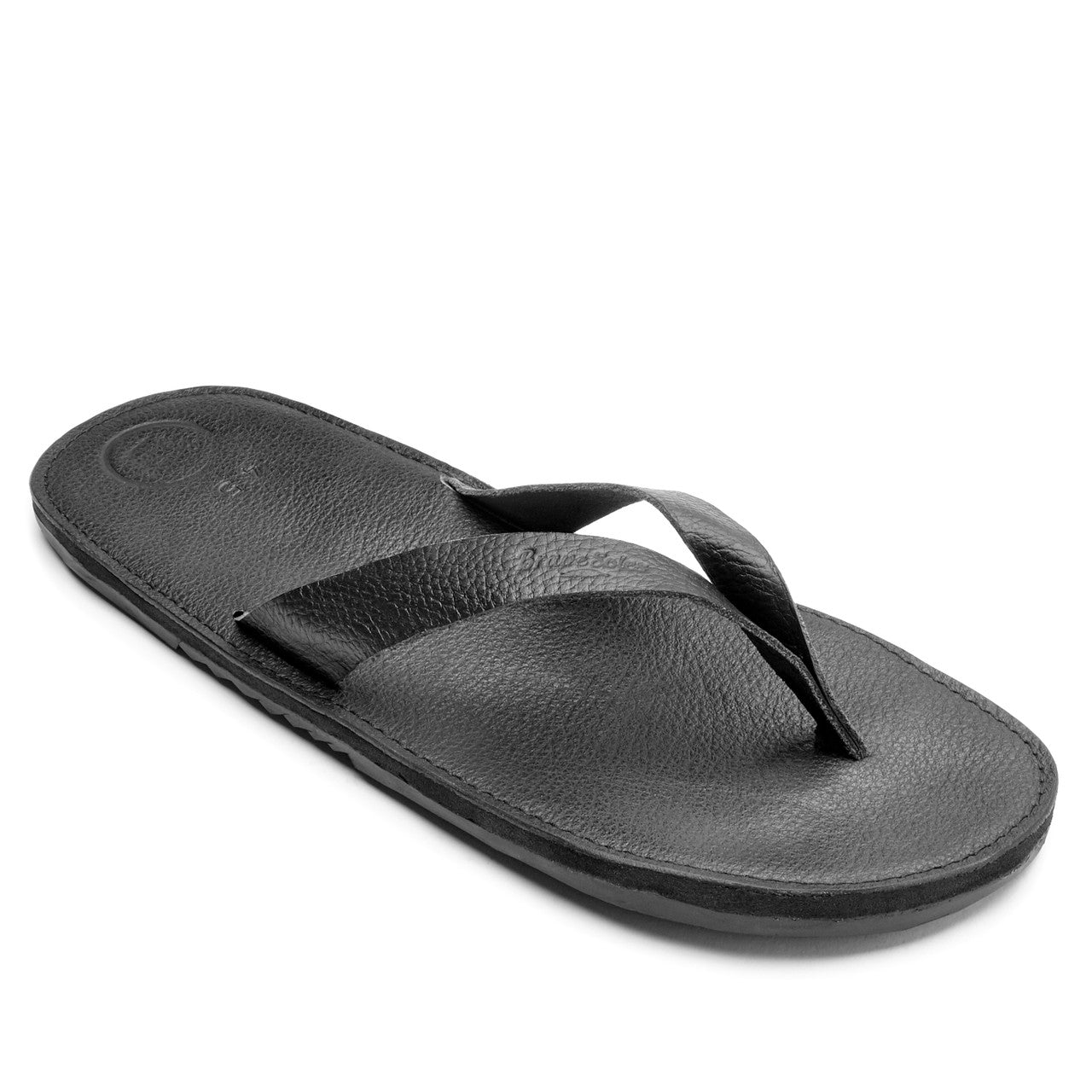 The Novio men's black leather flip flop with cushy sole and handmade footbed