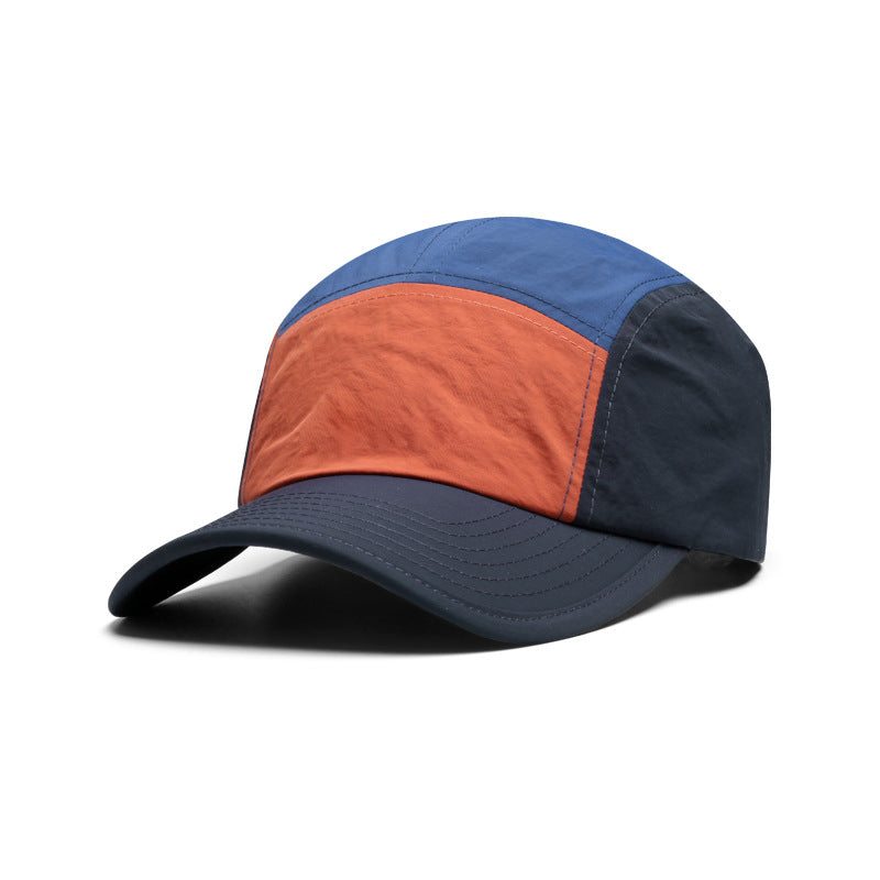 Men's quick-drying five-piece color-blocked curved brim baseball cap in blue, orange, and black, made of cotton polyester, breathable and lightweight.