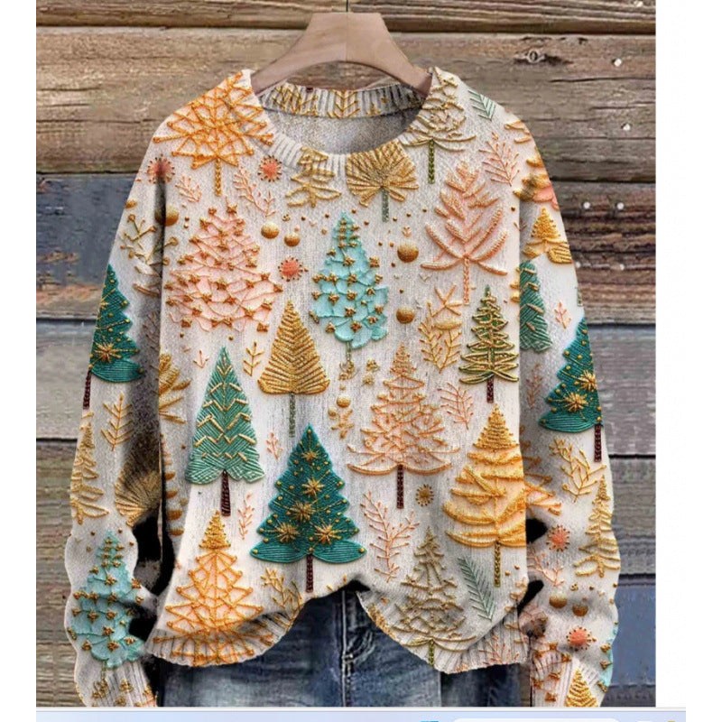 Little Flower digital printed round neck sweater with colorful tree patterns on a beige background
