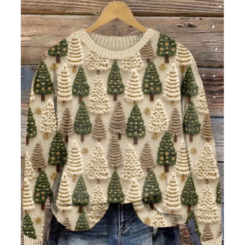 cream round neck sweater with green and beige textured tree pattern digital print