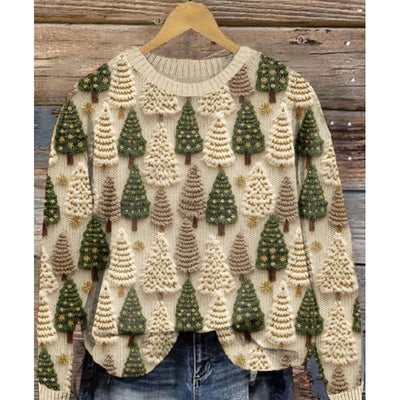 cream round neck sweater with green and beige textured tree pattern digital print