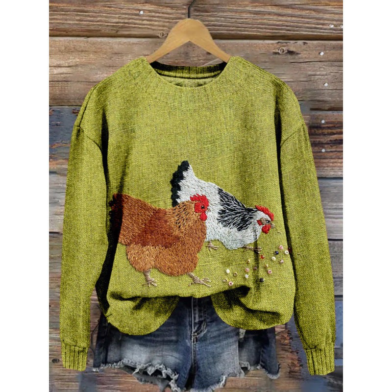 green round neck sweater with digital printed little flower and chicken design