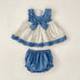 baby girl's cotton two-piece blue and white lacework blouse and shorts set with bow and polka dots