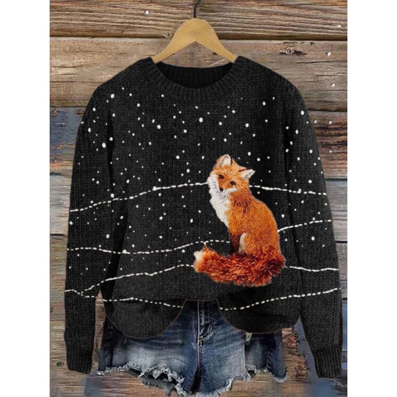 black round neck sweater with digital printed little fox and white dots pattern