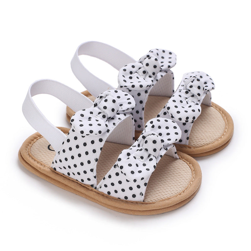 Summer baby girl soft bottom toddler sandals with white and black polka dot bow design