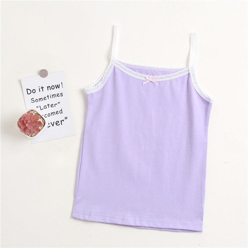 Girls' simple pure cotton lavender lace trim sleeveless vest for girls