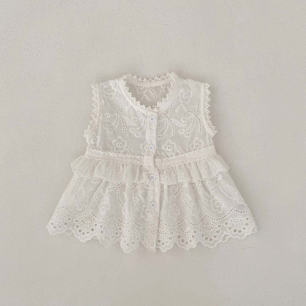 Beige sleeveless baby girl cardigan top with embroidered floral lace and button front, summer casual style