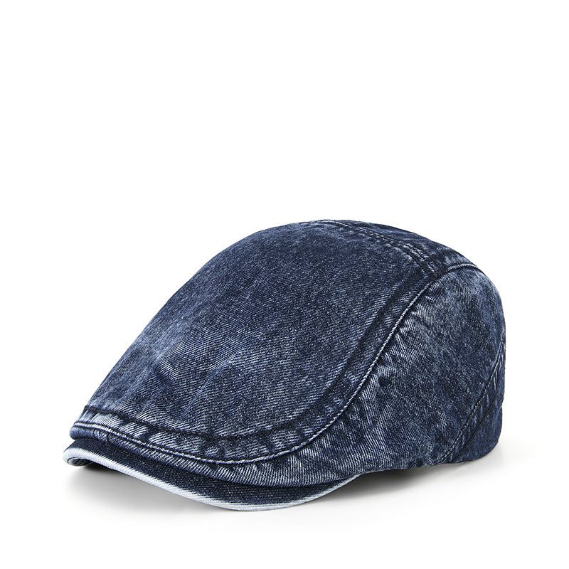 Men's denim flat top hat in dark blue cotton with breathable and windproof features for all-season wear