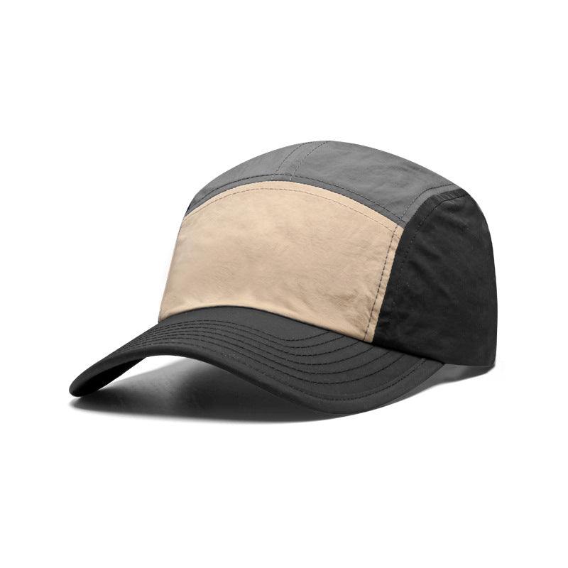Men's quick-drying five-piece color block baseball cap with curved brim in khaki, black, and gray