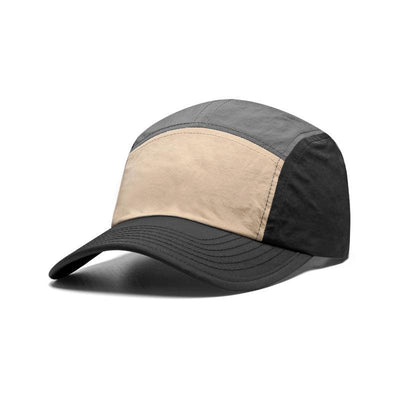 Men's quick-drying five-piece color block baseball cap with curved brim in khaki, black, and gray