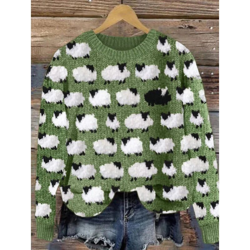 green round neck sweater with white and black sheep digital print pattern