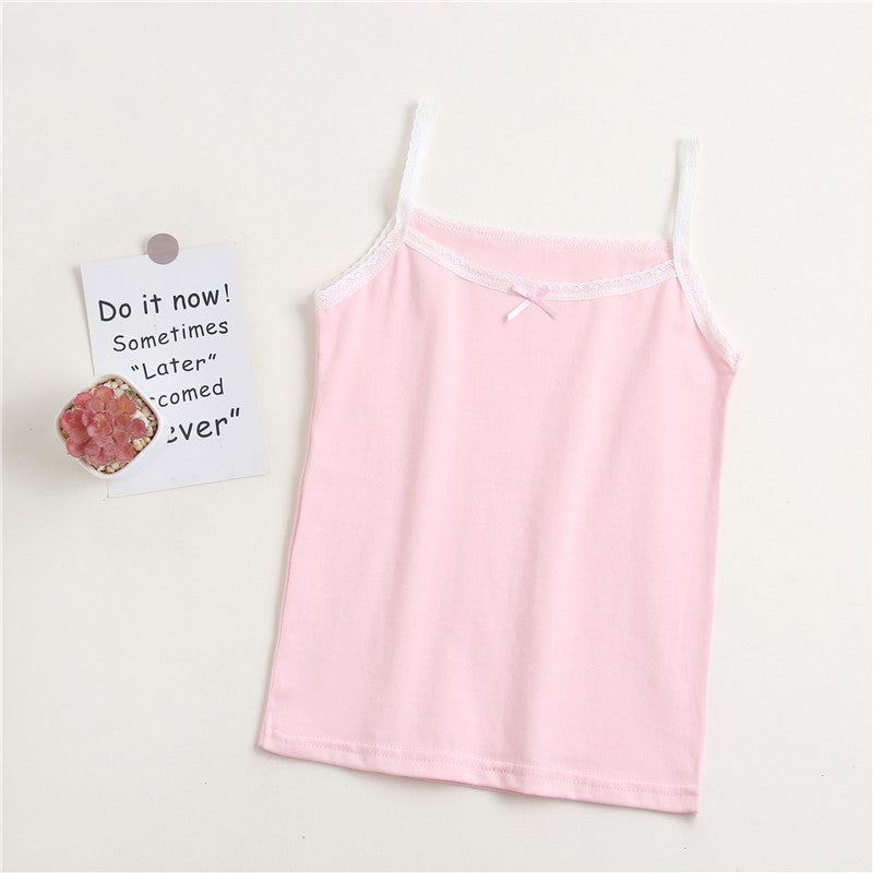 Girls' simple pure cotton pink lace vest with bow and sleeveless design