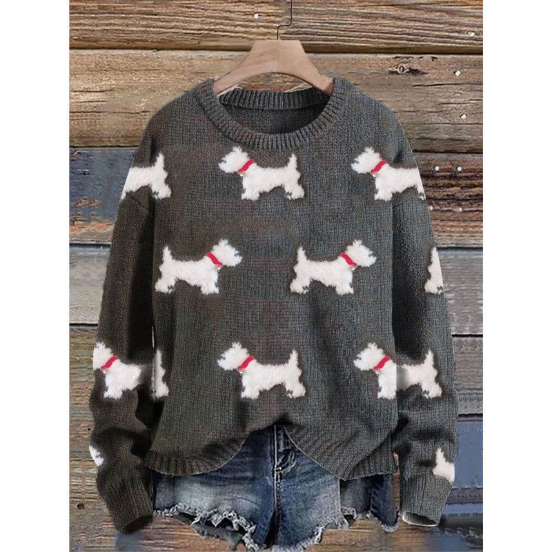 Little Flower digital printed round neck sweater with dog pattern in gray polyester fiber