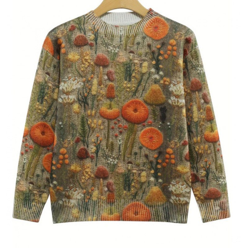 Little Flower digital printed round neck sweater with colorful floral and mushroom design on polyester fabric