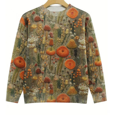 Little Flower digital printed round neck sweater with colorful floral and mushroom design on polyester fabric