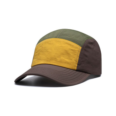 Men's quick-drying five-piece color block curved brim baseball cap in khaki, army green, orange, and yellow colors
