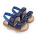 Cute summer baby girl soft bottom toddler sandals with blue polka dot bow design and elastic heel strap