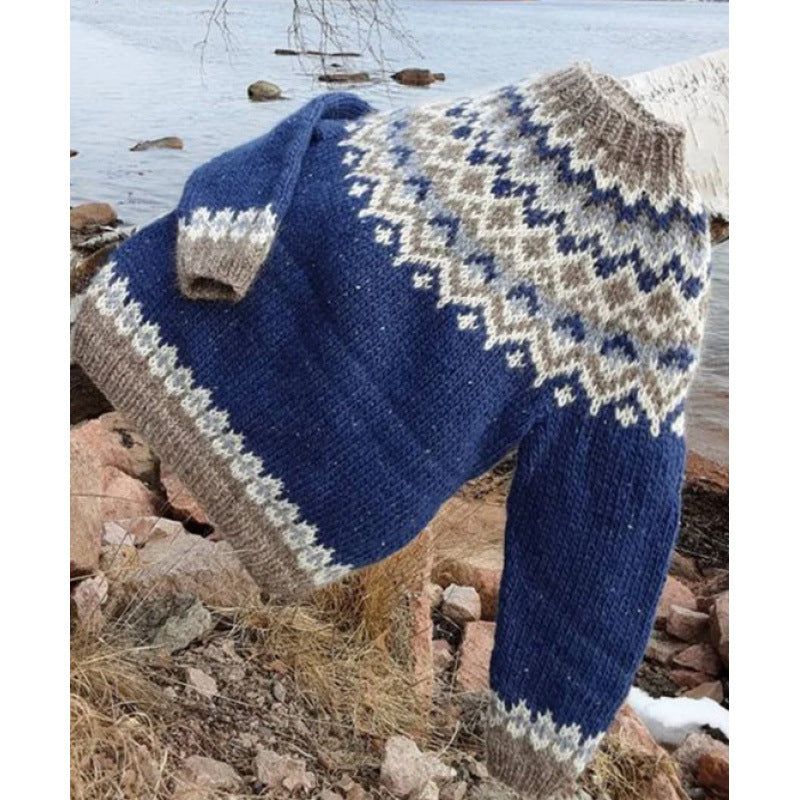 Little Flower digital printed round neck sweater in blue with patterned knit design