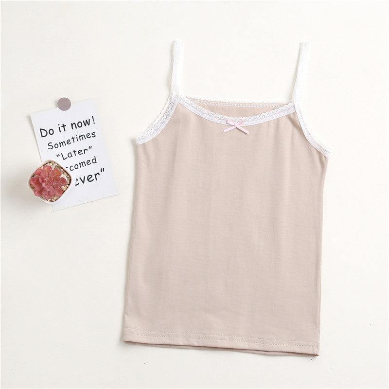 Girls' simple pure cotton apricot lace vest with bow and sleeveless design on white background