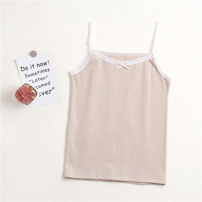 Girls' simple pure cotton apricot lace vest with bow and sleeveless design on white background