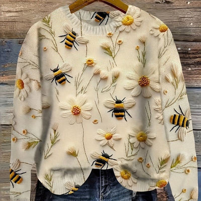 Little Flower Digital Printed round neck sweater with bee and daisy pattern on cream background